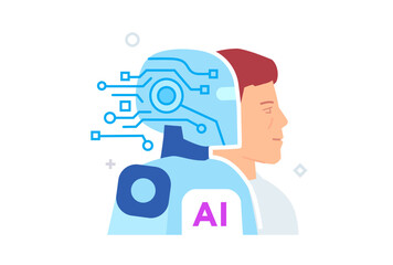 Set of illustrations artificial intelligence helps humans. technology, partnership, artificial intelligence business robot, cybes. linear illustration Icons infographics. Landing page site print