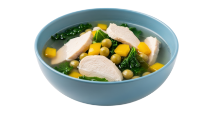 Isolated bowl of chicken soup with cubed yellow squash, green peas, and kale or spinach