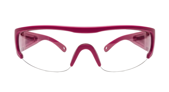 Isolated stylish pink safety glasses for eye protection in laboratory or workshop environment