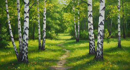 Obraz premium Forest landscape with birch trees and a path leading into the distance