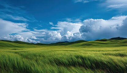 Obraz premium Expansive Green Field Beneath Bright Blue Sky and Cumulus Clouds