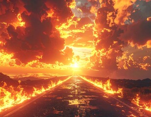 A fiery road stretching towards a brilliant sun amidst dramatic, burning clouds