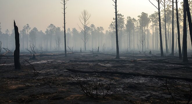 Forest landscape after a fire with charred trees and smoky atmosphere