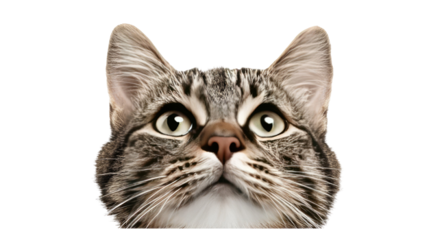 Close up portrait of curious tabby cat face with big eyes looking up isolated on white background