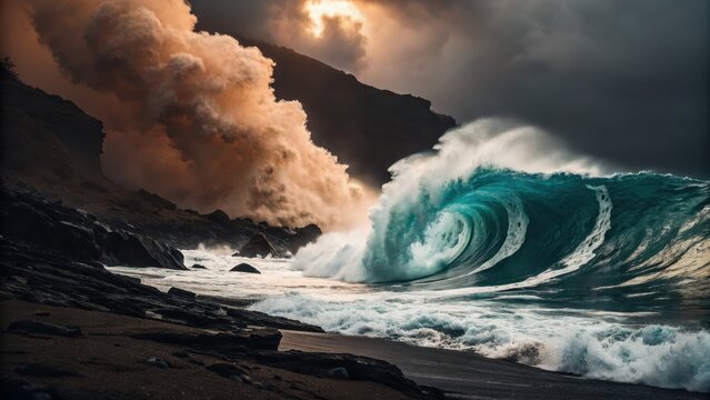 Dramatic ocean wave crashing against rocky shoreline under stormy skies