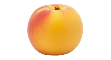 Isolated ripe nectarine or peach with stem, golden color and red blush, close up view