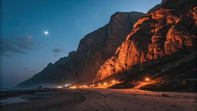 Dramatic coastal cliffs illuminated by warm lights under a moonlit night sky - Powered by Adobe