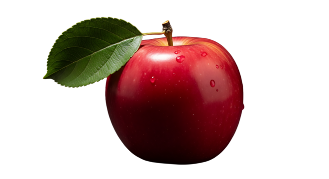 Fresh red apple with leaf and water droplets on transparent background