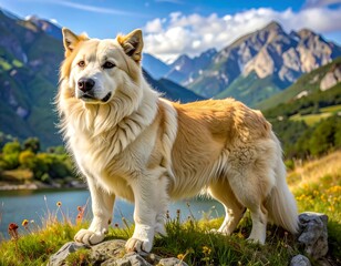 A fluffy dog stands proudly on a hillside with mountain backdrop and lake