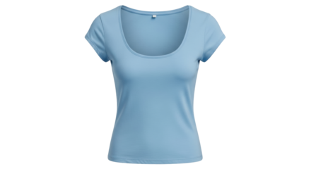 Isolated light blue scoop neck short sleeve t-shirt, summer casual clothing, apparel top view