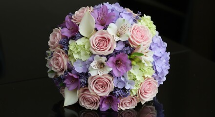 Elegant floral arrangement of roses and other blossoms in various colors