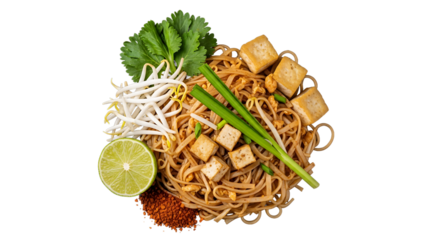 Delicious Pad Thai dish with tofu and fresh toppings on transparent background