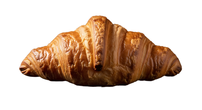 Golden brown flaky croissant resting elegantly on black background on transparent background