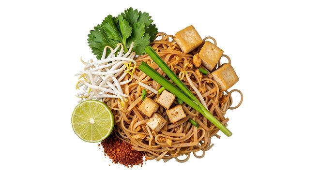 Delicious Pad Thai dish with tofu and fresh toppings on transparent background