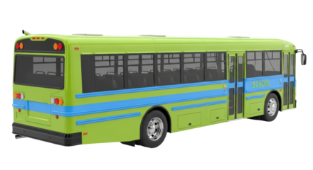 Isolated long modern lime green school bus, education and children concept, transportation