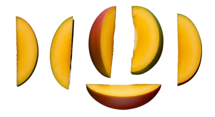 Sliced ripe mango fruit segments arranged artistically on transparent background