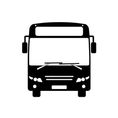 Black Silhouette Icon of a Public Transport Bus, Front View, Isolated on White.