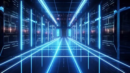 A futuristic corridor with neon lights and digital screens, set against a dark background. The corridor is illuminated by bright blue neon lights. - Powered by Adobe