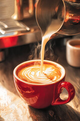 Close-up of milk being poured into espresso to form latte art in red mug. Warm coffee shop atmosphere, steaming drink preparation, for ads, branding, banners, social media, cafe promotions.