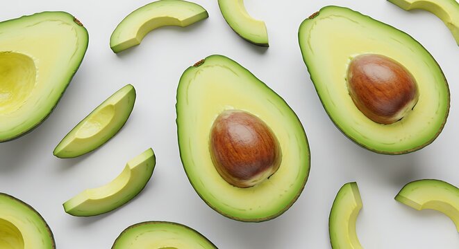 Fresh avocado halves and slices arranged on a neutral background top view