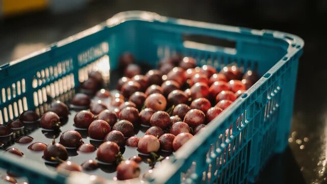 Close-up of a blue crate filled with fresh cranberries