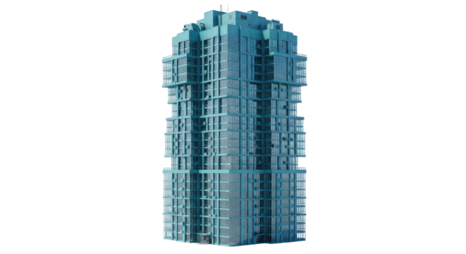 Isolated architectural view of a modern high-rise building in a city downtown area