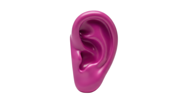 Isolated pink human ear, anatomical model or plastic toy part, earphone attachment concept