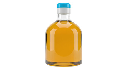 Isolated liquor bottle filled with golden spirit, closed with blue cap, alcoholic drink