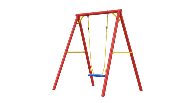 Isolated child's backyard swing set with blue seat, red frame, yellow support bars, outdoor play