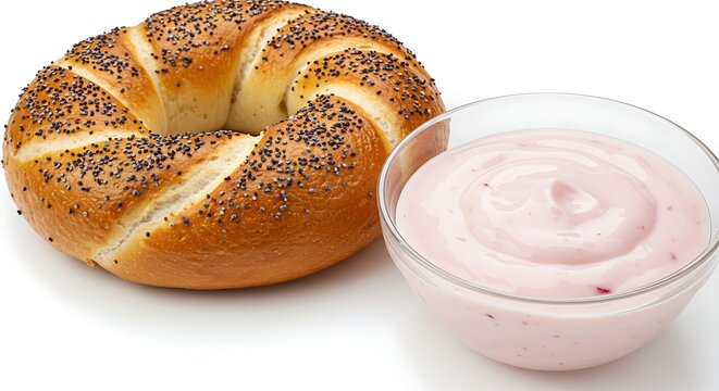 Fresh bagel with poppy seeds next to a bowl of pink cream cheese isolated - Powered by Adobe