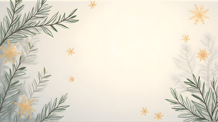 Minimalist Christmas Frame Background with Pine Leaves and Gold Snowflakes,