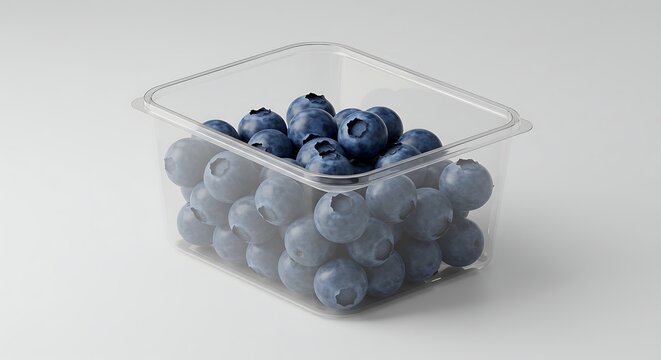 Fresh blueberries in a clear plastic container on a white surface