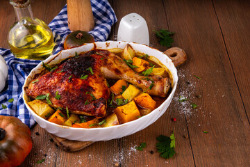Roasted baked chicken quarter with pumpkin and potato stew