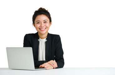 PNG Young Asian woman with a laptop professional business setting.