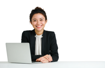PNG Young Asian woman with a laptop professional business setting.