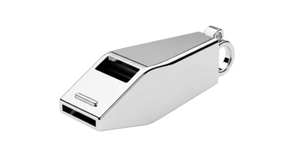 Isolated shiny metallic silver whistle, a device used to make a high-pitched sound signal