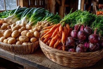 Freshly Harvested Vegetables in Wicker Baskets
