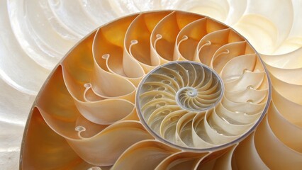 Close up view of a nautilus shell revealing its intricate logarithmic spiral and chambered interior structure