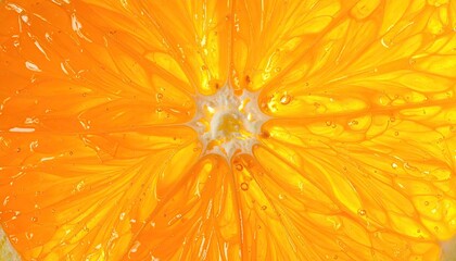 Close Up Macro Shot Of A Juicy Orange Slice Showing Detailed Pulp Fibers And Bubbles Reflecting Bright Yellow Orange Light Backlit For Citrus Fruit Healthy Food Concept