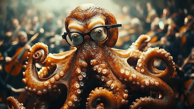 Cinematic Portrait of an Intelligent Octopus Wearing Eyeglasses.
