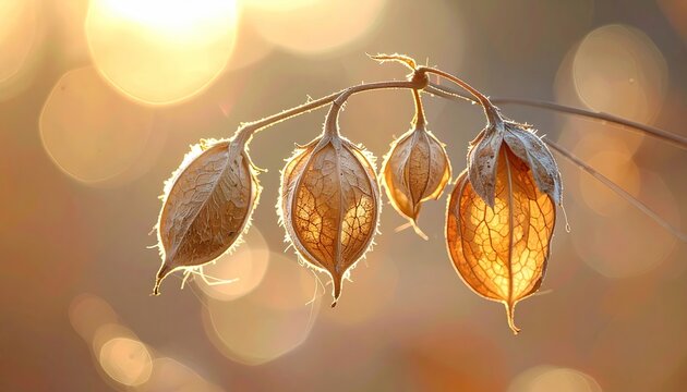 Close Up Macro Shot Of Dry Chinese Lanterns Physalis Peruviana Plant Seed Pods In Golden Hour Sunlight With Soft Bokeh Background