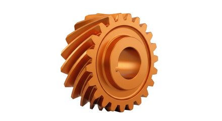 Isolated orange helical gear, mechanical transmission of rotation, spare part and component
