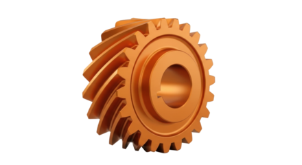 Isolated orange helical gear, mechanical transmission of rotation, spare part and component