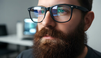 Close-up of bearded man wearing glasses while working on computer
