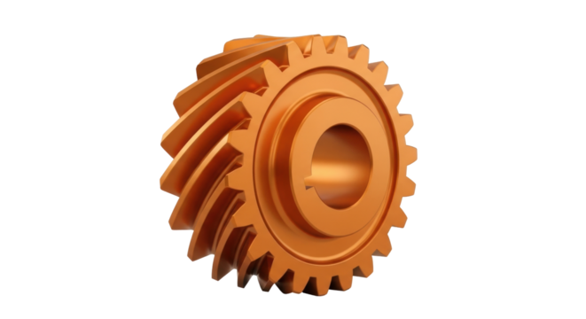 Isolated orange helical gear, mechanical transmission of rotation, spare part and component