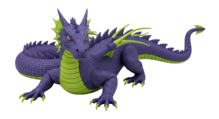 Isolated figurine of a purple dragon with spiky scales and green accents, fantasy toy