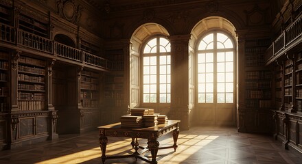 Elegant library interior with arched windows and antique furniture sunlight