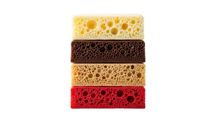 Isolated stack of colorful porous sponges for washing dishes or household cleaning