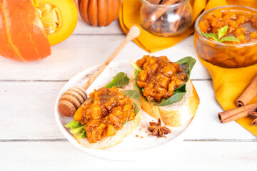 Autumn toast sandwiches with Pumpkin Chutney and spinach