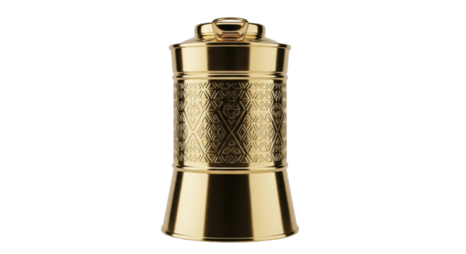 Isolated shiny golden pot with geometric patterns for kitchen decor and home storage usage